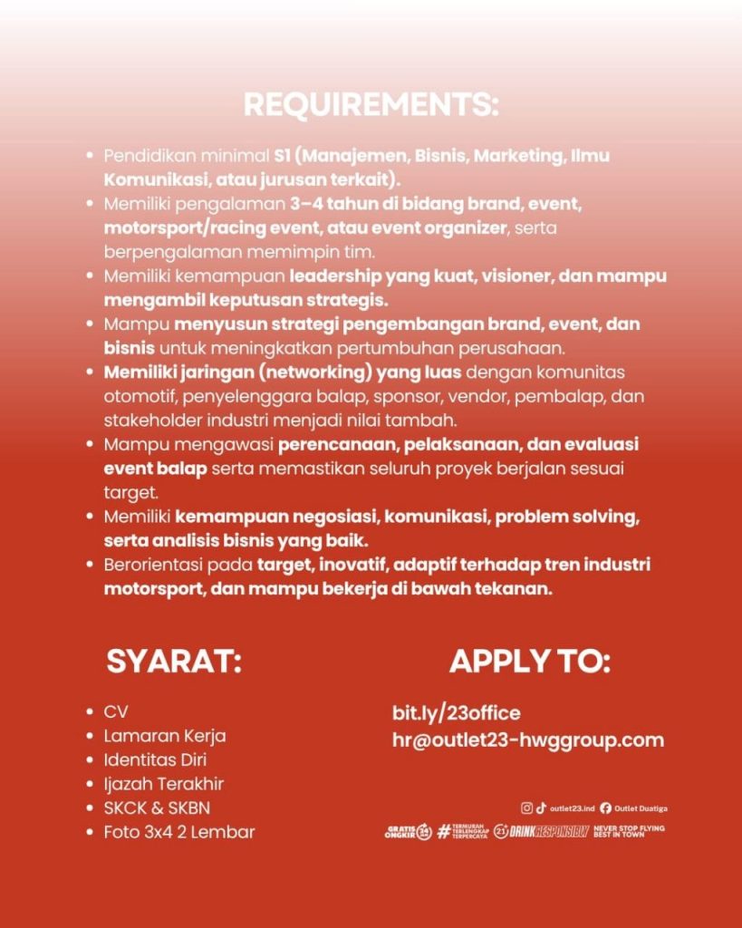 Poster lowongan Outlet 23 HWG