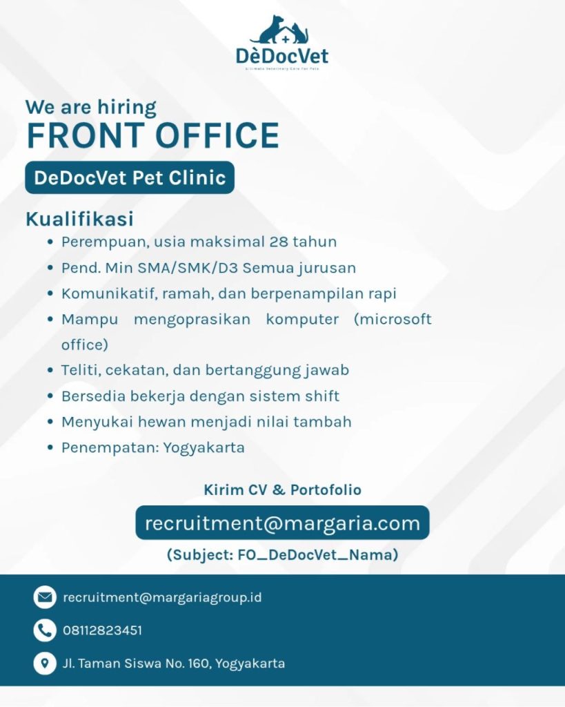 Poster lowongan DeDocVet Pet Clinic