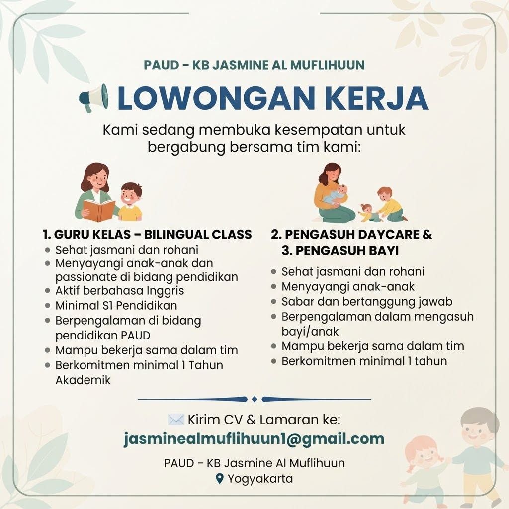 Poster lowongan PAUD - KB Jasmine Al Muflihuun
