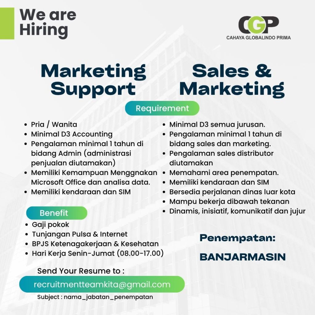 Poster lowongan CAHAYA GLOBALINDO PRIMA
