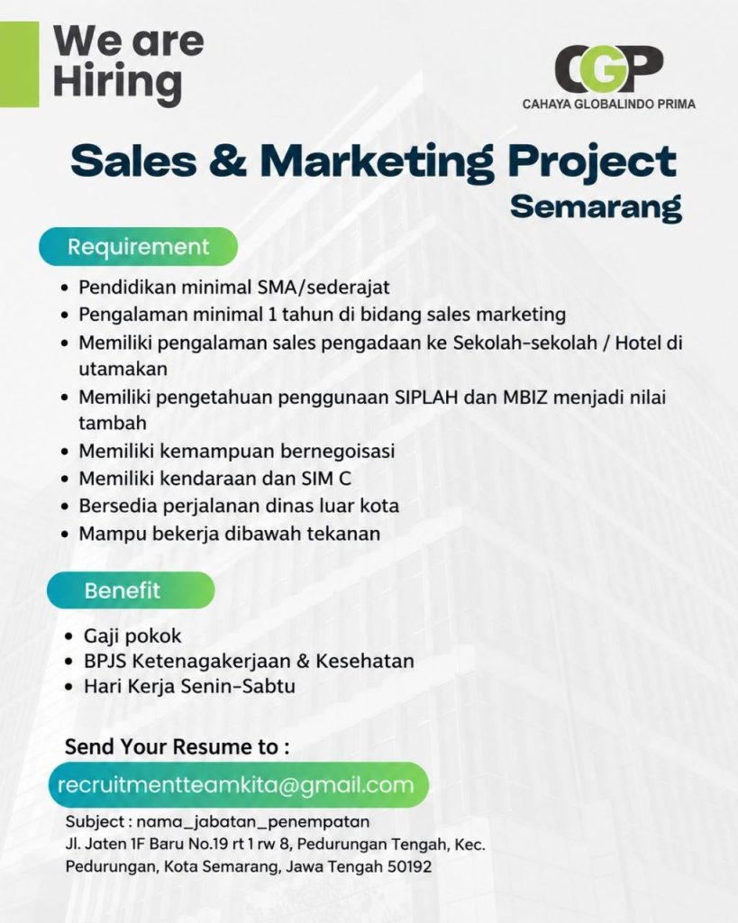 Poster lowongan CAHAYA GLOBALINDO PRIMA