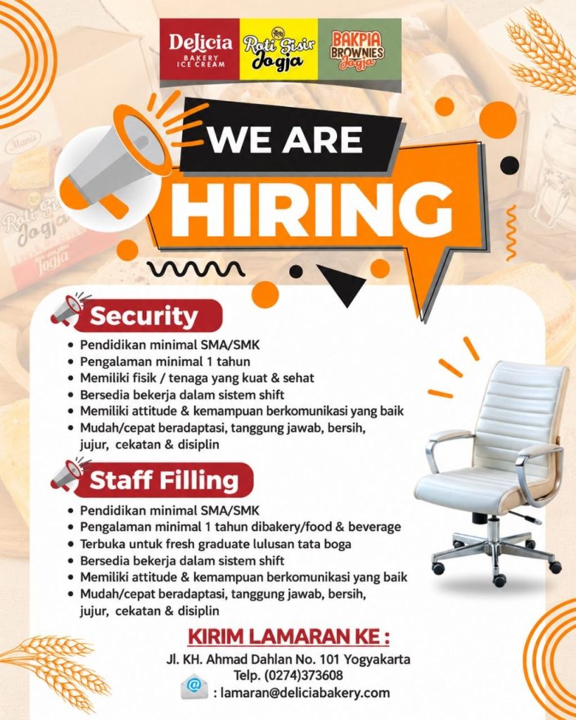 Poster lowongan Delicia Bakery Ice Cream Roti Sisir Jogja Bakpia Brownies Jogja
