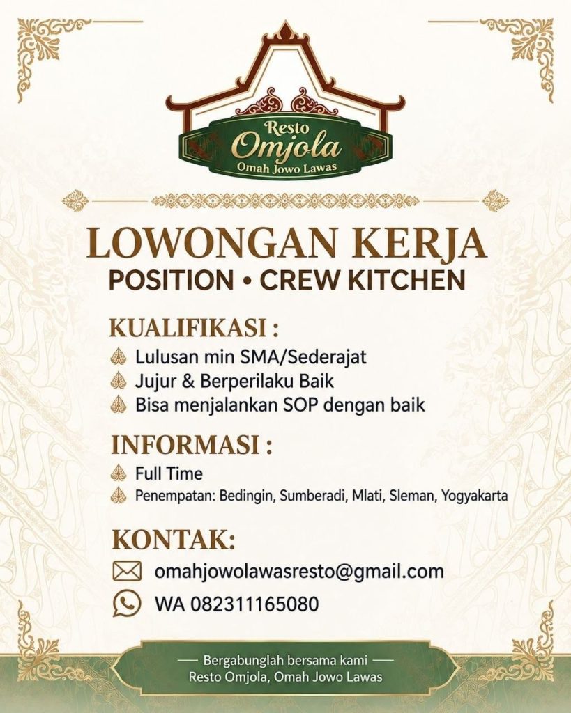 Poster lowongan Resto Omjola Omah Jowo Lawas