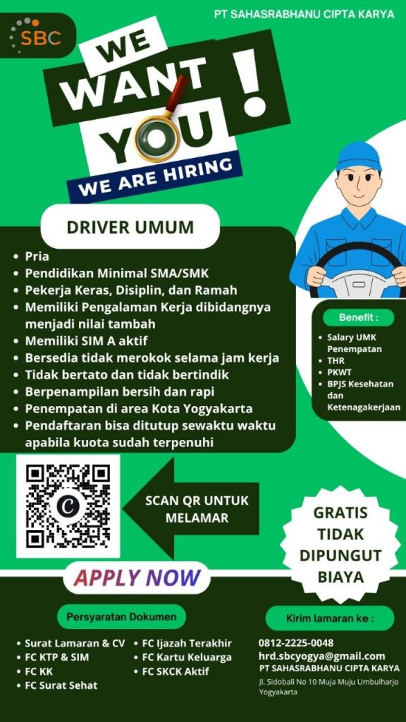 Poster lowongan PT SAHASRABHANU CIPTA KARYA