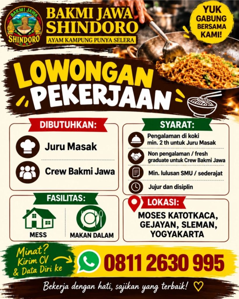 Poster lowongan Bakmi Jawa Shindoro