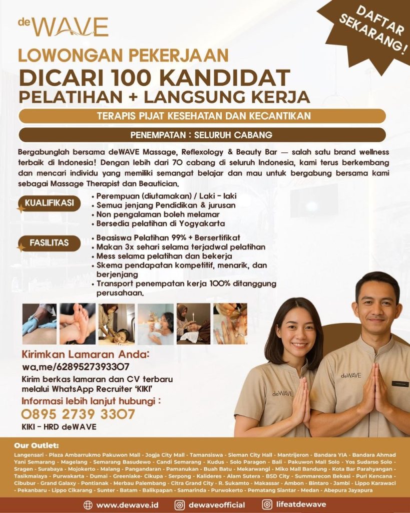 Poster lowongan deWAVE Massage, Reflexology & Beauty Bar