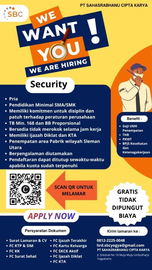 Poster lowongan PT SAHASRABHANU CIPTA KARYA