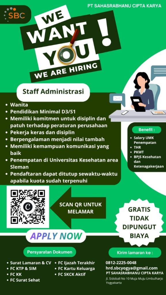 Poster lowongan PT SAHASRABHANU CIPTA KARYA